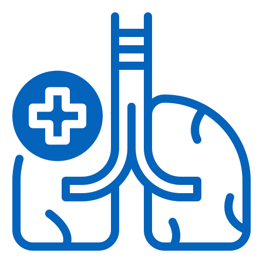 Blue icon showing lungs with a medical cross and thermometer symbol.