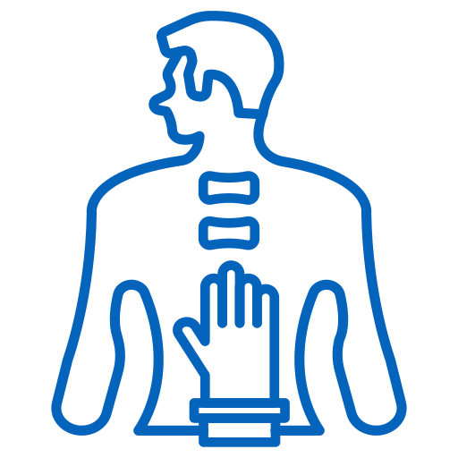 Illustration of a human back with a hand pointing at the spine.
