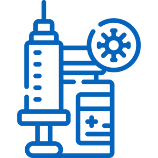 Blue icon of a syringe and vaccine vial with a virus symbol.