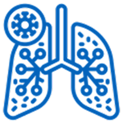 Blue icon of human lungs with bronchi and alveoli details.