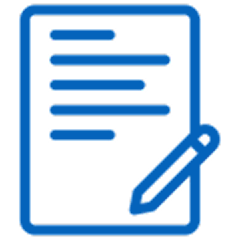 Blue icon of a document with writing lines and a pencil.