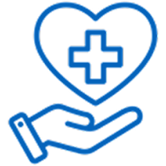 A hand holding a heart with a medical cross inside.