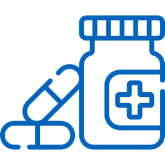 Blue icon of a medicine bottle with capsules and pills beside it.