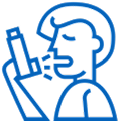 Blue line art of a person smelling a bottle.