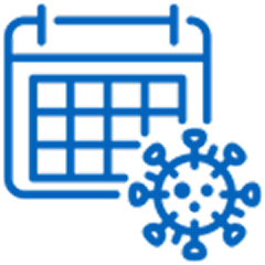 Blue calendar icon with a virus symbol, indicating a COVID-19 related event or date.