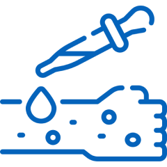 Blue line icon of a dropper applying liquid on skin.