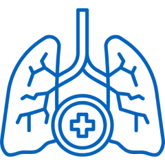 Blue line art of lungs with a medical cross symbol.
