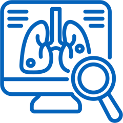 Digital scan of lungs with magnifying glass for detailed analysis.