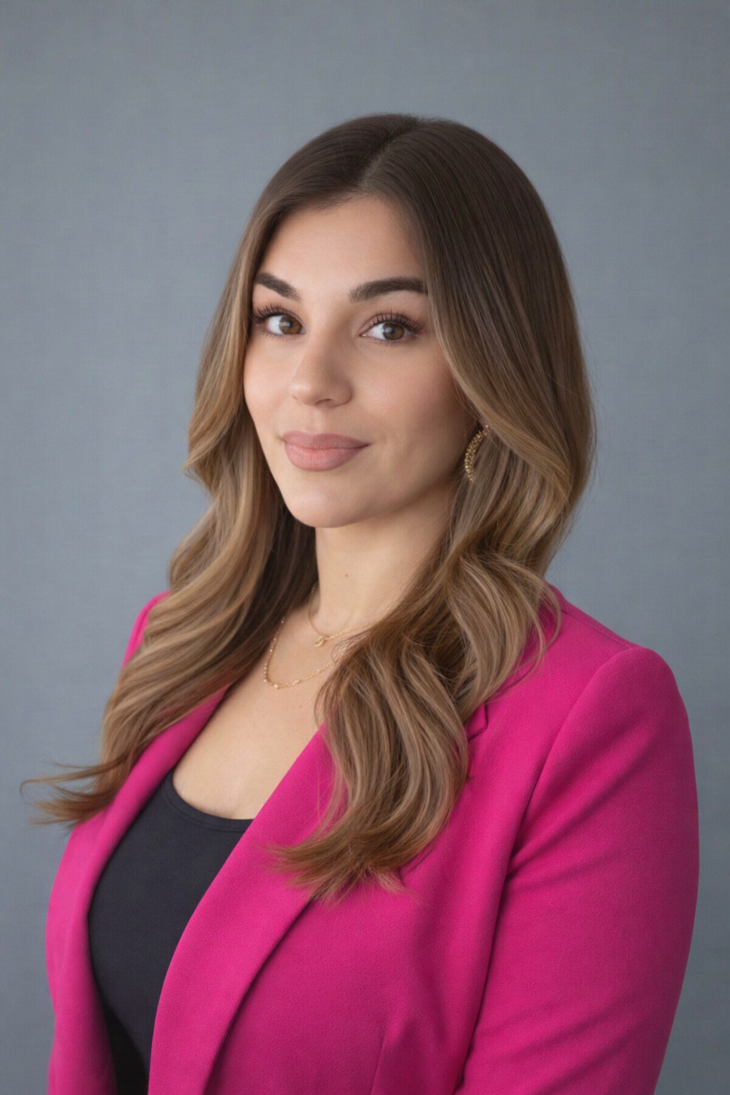 Professional woman with long hair wearing a pink blazer.