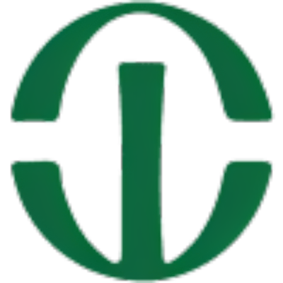 A green abstract logo with circular and vertical elements.