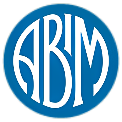 Blue circular logo with white stylized letters ABM.